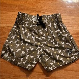 Kids Olive Green Swim Trunks with Snoopy Print